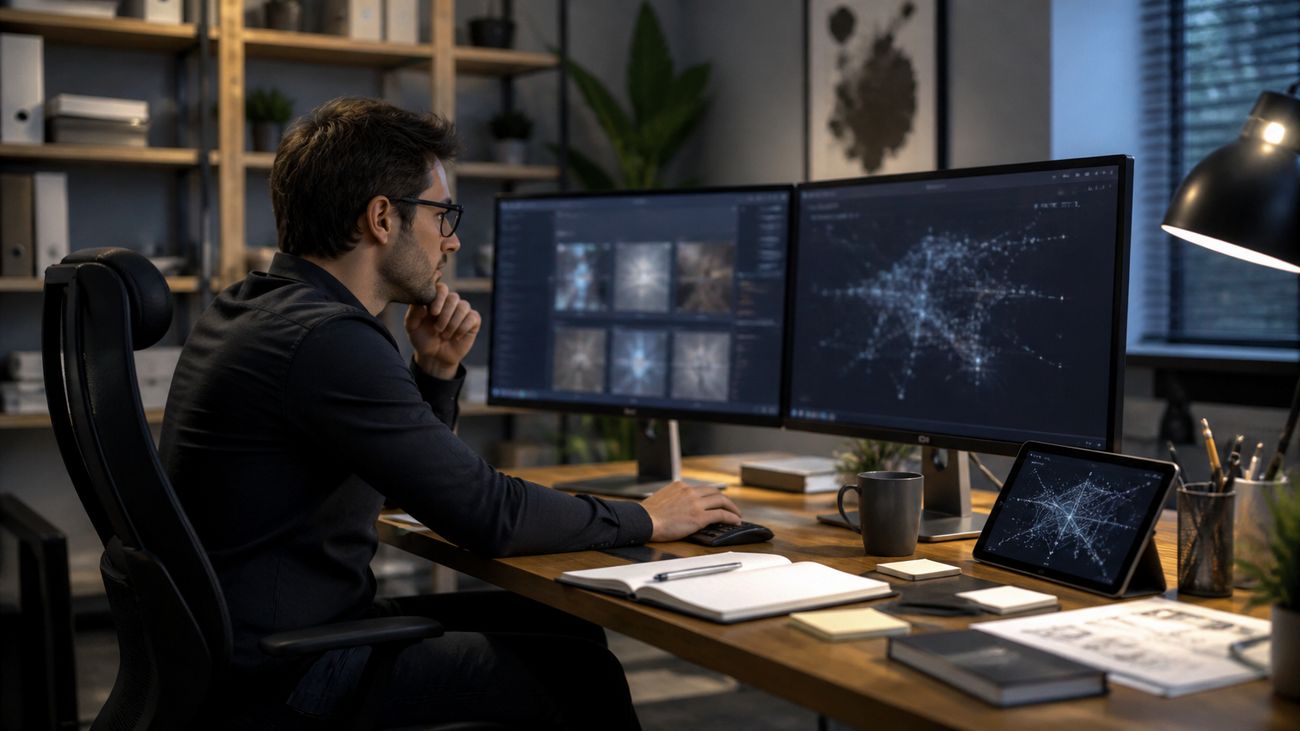 researcher working on dual monitors in office
